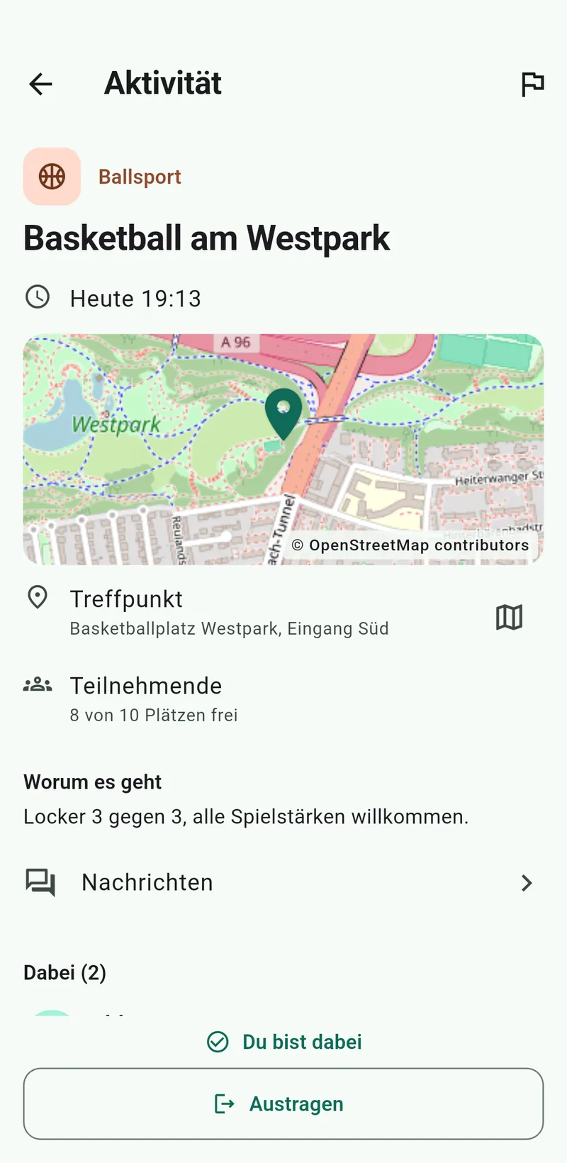 Die Detailseite einer Aktivität mit Karte, Treffpunkt, Teilnehmenden und dem Hinweis, sich an einem öffentlichen Ort zu treffen.