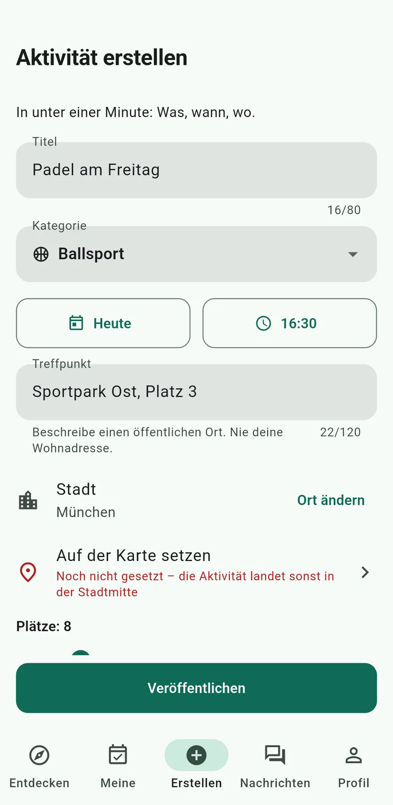 Der Bildschirm Aktivität erstellen mit Titel, Kategorie, Uhrzeit, Treffpunkt und Anzahl der Plätze.