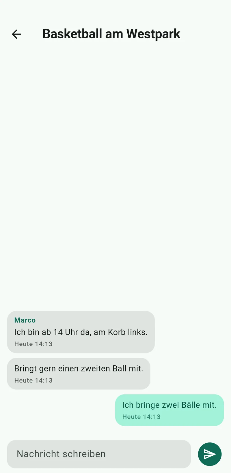 Der Gruppenchat einer Aktivität mit Absprachen zu Uhrzeit und Treffpunkt.